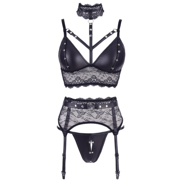 Ensemble soutien-gorge, porte jarretelles et culotte noir sexy 